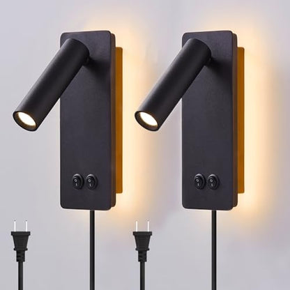 LED wall lamp and reading light two-in-one multifunctional wall sconces. LED Wall Lamp Plug in for Bedroom Bedside Wall Sconces Set of Two Black Reading Light 3W+6W Night Light 3000K(BLACK) - color: Black, size: 2 Pack