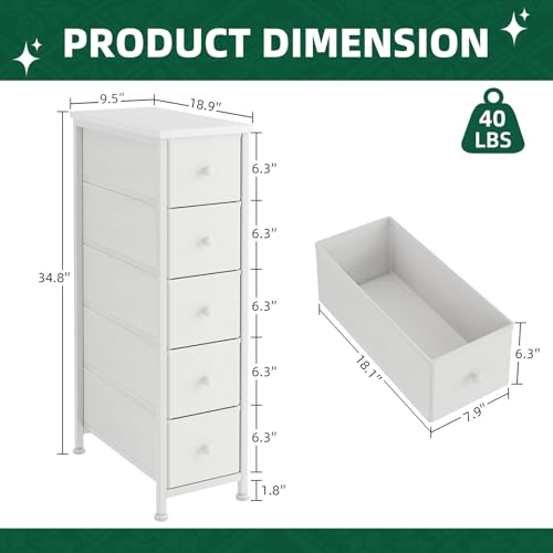 Narrow Dresser, 19" Wide Narrow Nightstand Dresser Storage Tower with 5 Drawers, Slim Fabric Dressers Chest of Drawers for Small Spaces, Wood Top & Fabric Bins for Bedroom Bathroom Closet (White) - color: White