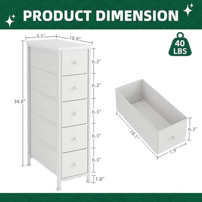 Narrow Dresser, 19" Wide Narrow Nightstand Dresser Storage Tower with 5 Drawers, Slim Fabric Dressers Chest of Drawers for Small Spaces, Wood Top & Fabric Bins for Bedroom Bathroom Closet (White) - color: White