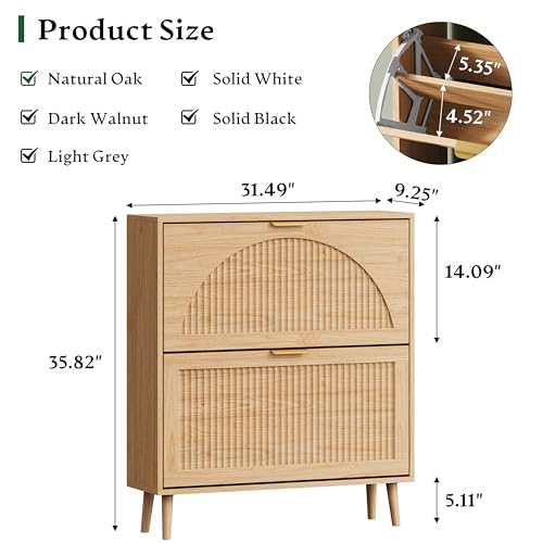 Xixini Shoe Storage Cabinet with 2 Flip Drawers, 36" Tall Narrow Wood Fluted Shoe Organizer for Entryway, Freestanding Wooden Hidden Slim Shoe Rack for Front Door Entrance, Hallway, Foyer, Natural Oak - color: Natural Oak, size: 2 Flip Drawers