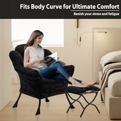 Youtanic Lazy Chair with Folding Ottoman, Accent Chair Plush Upholstered with Metal Structure and Non-Slip Pads, Sofa Armchair with Footrest and Side Storage Bag for Dorm, Room, Office, Black - color: Plush Black