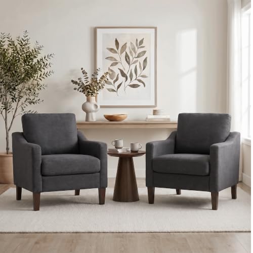 VKNOW Accent Chairs Set of 2, Modern Upholstered Armchairs, Dark Grey | Reading Chairs with Wood Legs, Single Sofa Reading Seat, Flexible Cushion, No Tool Assembly, For Living Room, Bedroom - color: Dark Grey