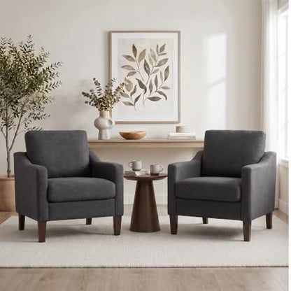 VKNOW Accent Chairs Set of 2, Modern Upholstered Armchairs, Dark Grey | Reading Chairs with Wood Legs, Single Sofa Reading Seat, Flexible Cushion, No Tool Assembly, For Living Room, Bedroom - color: Dark Grey