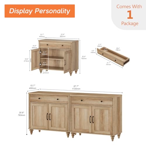 WAMAPT Buffet Cabinet with 4 Doors&2 Drawers, Large Wood Sideboard Table | Oak Coffee Bar Table 68 inch Kitchen Storage Cabinets, Modern Farmhouse Sideboard Credenza for Dining Room - color: Oak-a, size: 2