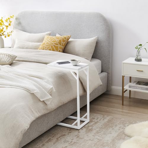 C-Shaped End Table, Small Sofa Table with Metal Frame, Adjustable Height Side Table for Couch, Living Room, Bedroom, Bedside (White, Small) - color: White, size: Small