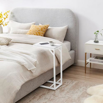 C-Shaped End Table, Small Sofa Table with Metal Frame, Adjustable Height Side Table for Couch, Living Room, Bedroom, Bedside (White, Small) - color: White, size: Small