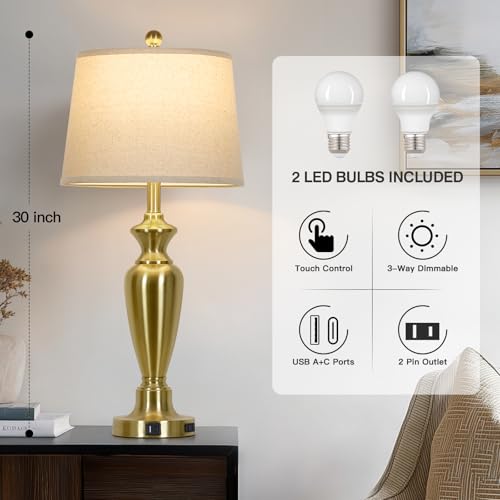 Cinyirong 30" Tall Gold Table Lamps Set of 2, Touch Control Bedside Lamp with USB A+C Ports and AC Outlet, 3-Way Dimmable Modern Metal Nightstand Lamp for Bedroom Living Room, 2 LED Bulbs Included - color: Gold (2 Pack)