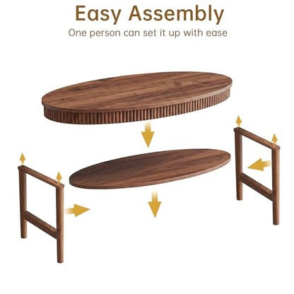 Turtle&Myrtle Oval Coffee Table, Mid-Century Modern Fluted Coffee Tables with 2-Tier Storage Shelf, 39.4" Wood Small Center Table for Living Room, Office, Easy Assembly, Walnut Brown
