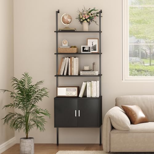 Yusong 73" Tall Bookshelf with Cabinet, Industrial Ladder Wall Mount Shelf Bookcase with Wood and Metal Frame, Plant Shelf Wall Storage Display for Living Room Bedroom, Black Wood Grain - color: Black