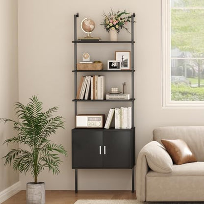 Yusong 73" Tall Bookshelf with Cabinet, Industrial Ladder Wall Mount Shelf Bookcase with Wood and Metal Frame, Plant Shelf Wall Storage Display for Living Room Bedroom, Black Wood Grain - color: Black