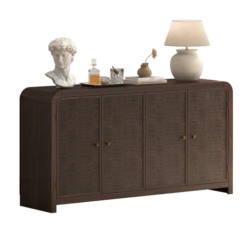 Oak&Sparrow Oak Rattan Sideboard Buffet Cabinet, 60'', 4 Doors | Boho Style, Adjustable Shelves, With Storage, For Living Room, Hallway & Kitchen - color: Dark Walnut