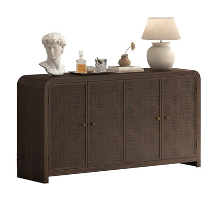 Oak&Sparrow Oak Rattan Sideboard Buffet Cabinet, 60'', 4 Doors | Boho Style, Adjustable Shelves, With Storage, For Living Room, Hallway & Kitchen - color: Dark Walnut