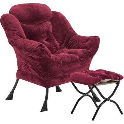 Youtanic Lazy Chair with Folding Ottoman, Accent Chair Plush Upholstered with Metal Structure and Non-Slip Pads, Sofa Armchair with Footrest and Side Storage Bag for Dorm, Room, Office, Rose Red - color: Plush Rose Red