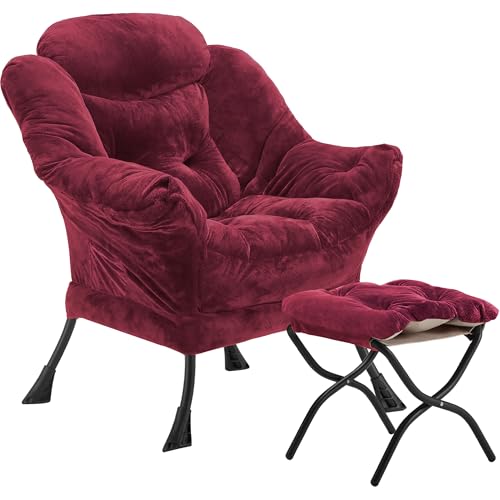 Youtanic Lazy Chair with Folding Ottoman, Accent Chair Plush Upholstered with Metal Structure and Non-Slip Pads, Sofa Armchair with Footrest and Side Storage Bag for Dorm, Room, Office, Rose Red - color: Plush Rose Red
