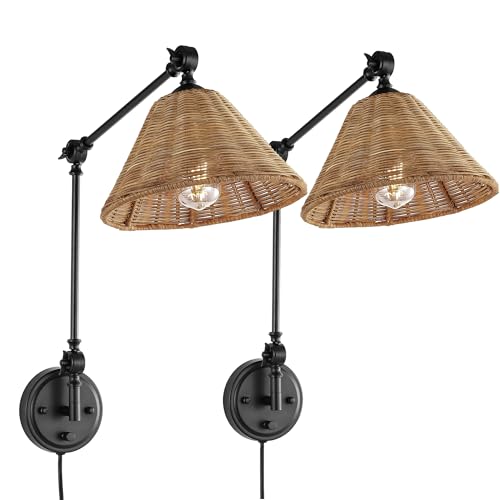 WINGBO Wall Sconce Rattan Wrapped Wall Lamp, Adjustable Swing Arm Wall Light Fixture Vintage Bedside Light Wicker Handmade Shade Reading Light Plug in or Hardwire (Black, 2 Pack) - color: Black