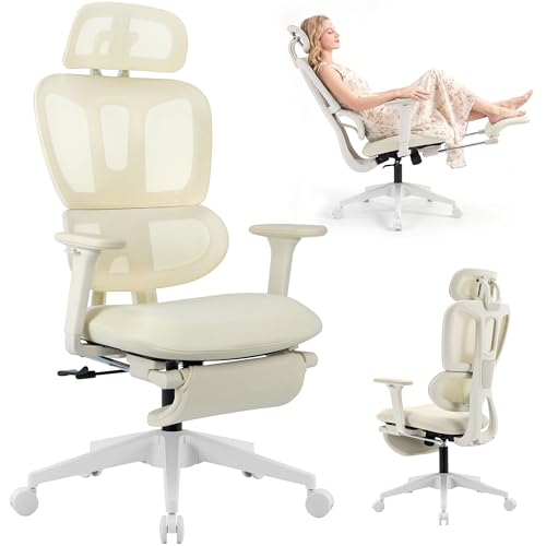 Ergonomic Office Chair with Footrest, 90-135° Reclining High Back Desk Chair with Lumbar Support, 2D Headrest, 2D Armrests, Computer Chair for Long Hours, Cream - color: Beige