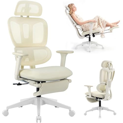 Ergonomic Office Chair with Footrest, 90-135° Reclining High Back Desk Chair with Lumbar Support, 2D Headrest, 2D Armrests, Computer Chair for Long Hours, Cream - color: Beige