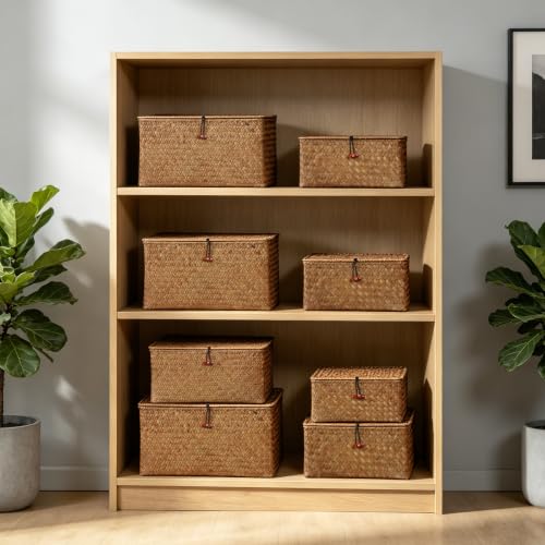 4 Pack, Wicker Baskets with Lids, Natural Seagrass Storage Baskets, Woven Rectangular Basket Bins, Rattan Storage Organizer for Shelf (Coffee, Set of 4) - color: Coffee, size: Set of 4