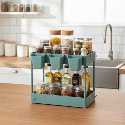 Storage Cart on Wheels, 3 Tier Bathroom Cart Organizer Slim Laundry Narrow Shelf with Wheels Dividers Hanging Cups Hooks Handle Easy Assembly, Green - style: 3 Tier Green