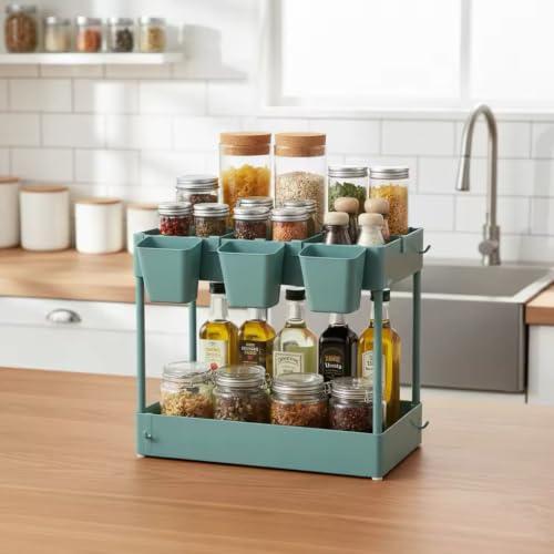 Storage Cart on Wheels, 3 Tier Bathroom Cart Organizer Slim Laundry Narrow Shelf with Wheels Dividers Hanging Cups Hooks Handle Easy Assembly, Green - style: 3 Tier Green