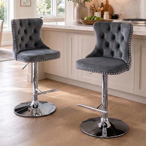 Velvet Bar Stool Set of 2, Adjustable Swivel Bar Stools with Silver Plated Metal Leg, Button Tufted, Footrest, Chrome Nailhead, Counter Height Chair for Kitchen, Bar, Dining Room (Grey) - color: Grey-silver Leg, size: Set of 2
