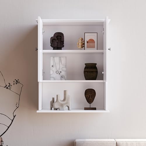 Medicine Cabinet, Over The Toilet Storage Cabinet, 24x30 Inch Wall Mount Bathroom Storage Cabinet with 2 Doors & Adjustable Shelf, Wooden Bathroom Wall Cabinet, White - color: White&silver