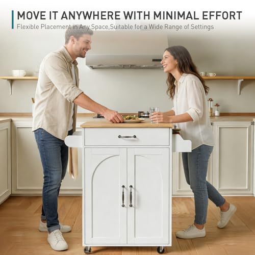 Kitchen Island Cart, Small Kitchen Island with Storage Cabinet and Drawer, Rolling Kitchen Cart on Wheels with Spice Rack and Towel Rack, for Kitchen, Dining Room, White and Natural - color: White + Natural