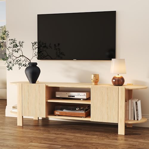 65 Inch TV Stand for Up to 75 inch TVs, Fluted Entertainment Center with Adjustable Shelve, Curved Round Corner TV Console Table with Storage Cabinet for Living Room, Bed Room (Natrual Wood) - color: Natrual Wood