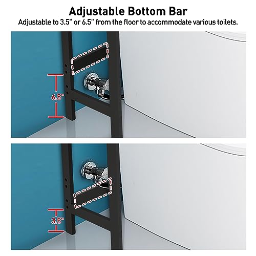 HITOMEN Over The Toilet Storage Cabinet, Bamboo Adjustable 3-Tier Above Toilet Shelf, Stable Freestanding Above Toilet Organizer with 3 Hooks for Bathroom Restroom Laundry Balcony, Black 67" H