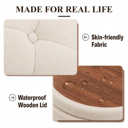 25" Round Ottoman with Storage, Small Coffee Table with Reversible Tray Lid | Tufted Fabric Round Storage Ottoman with Solid Wood Legs, 3-in-1 Footrest for Living Room, Bedroom, Entryway, Camel - color: Camel