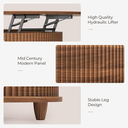 Round Lift Top Coffee Table, 34.6" Modern Coffee Table with 180° Curved Sliding Door, Fluted Accent Coffee Tables with Hidden Storage and Open Shelves, for Living Room, Office, Walnut - color: Walnut