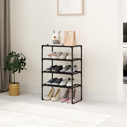 5-Tier Small Shoe Rack for Closet and Entryway, Narrow Shoe Shelf Organizer,Stackble Shoe Stand,Non-Woven Fabric Metal Free Standing Shoe Racks (Black, 18" W x 9.9" D x 28.6" H) - color: Black