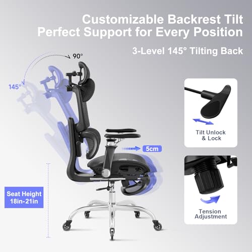 Office Chair with Footrest, Ergonomic Chair with 3D Headrest, Computer Chair with Adjustable Backrest & 6D Armrest, Gaming Chair with Adaptive Lumbar Support, Adjustable Seat Depth, Black - color: Black, style: Plus