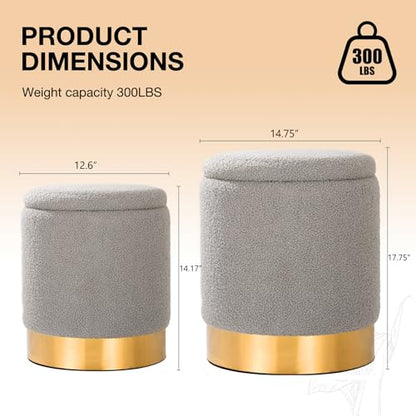 YYW HOME Round Ottoman with Storage Set of 2 Gray Sherpa Vanity Stool | Removable Lid, Gold and Gray Ottoman,Hidden Storage Stool, Small Coffee Table for Living Room,Nest Packing, Assembly Free - color: Teddy Gray