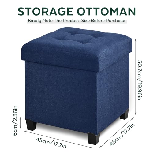 Ottoman with Storage, Square Storage Ottoman for Dorm, Linen Ottomans with Legs for Living Room, Bedroom, 17.7" D x 17.7" W x 19.9" H, Blue - color: Blue, size: 17.7"D x 17.7"W x 19.9"H