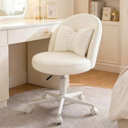 Desk Chair with Soft Cushion, Adjustable Height Armless Office Chair Upholstered Makeup Vanity Chair, Swivel Accent Chair for Living Room, Bedroom, Study, Home Office - color: Cream