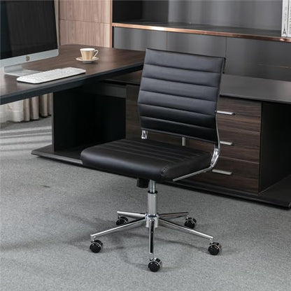 Okeysen Armless Office Desk Chair, Mid Back Ergonomic Swivel Conference Room Chair, Adjustable Height PU Leather Home Desk Chair, Modern Small Rolling Computer Task Chair, Black - color: Black