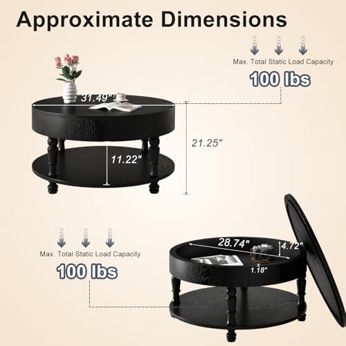 TIANG Flip-Top Round Coffee Table with Tool-Free Assembly in Solid Wood | 31.5"Mid Century Modern End Table Bedroom, Adjustable Silent Footpads,Sturdy Holds up to 100 lbs,Classic 2-Tier Design - color: Black