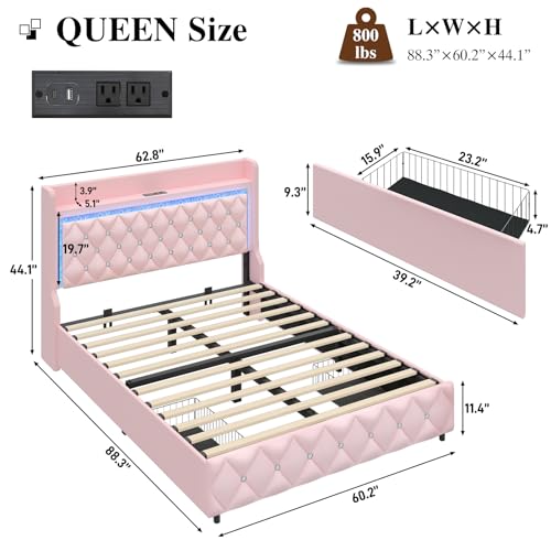 Queen Bed Frame with LED Lights & Charging Station, Upholstered Bed Frame Queen Size with Storage Headboard & 2 Drawers, Diamond Tufted, Curved Wingback, PU Leather, No Box Spring Needed, Pink - color: Pink, size: Queen