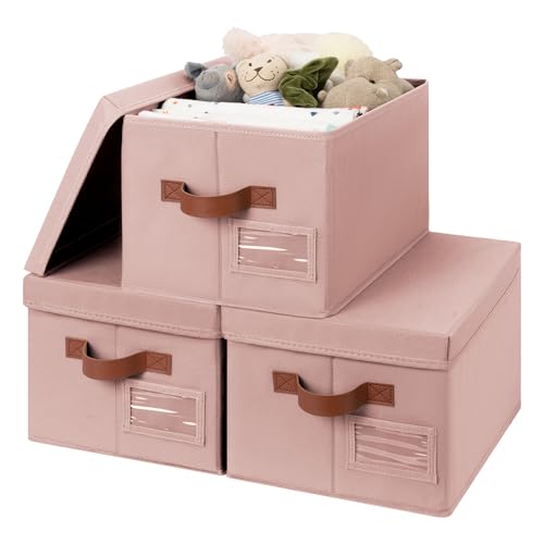 GRANNY SAYS Storage Bins with Lids, Decorative Storage Boxes with Lids | Storage Box with Dust Cover, Handles & Lable, Collapsible, Ideal for Closet Clothes Blanket Toys, Medium, Pink&Brown, 3-Pack - color: Pink&Brown, size: Medium