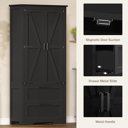 66.1" H Storage Cabinet, Farmhouse Kitchen Pantry Cabinet with 2 Drawers & Adjustable Shelf, Bathroom Cabinet, for Living Room, Kitchen, Bathroom, Black - color: Black
