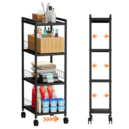 Expandable Slim Storage Cart with Wheels, 4 Tier Narrow Metal Rolling Utility Cart Organizer Adjustable Open Floor Shelving Unit for Small Spaces Bathroom Laundry Room Kitchen