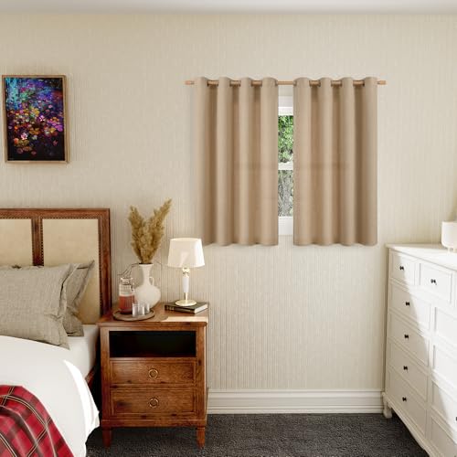 BGment Short Curtains for Bedroom,45 inch Length Faux Linen Curtains for Small Window Grommet Non-See Through Privacy Light Filtering Burlap Textured Kitchen Window,2 Panels,52 x 45 Inch,Tan - color: Tan, size: 52"W x 45"L (Pack of 2)
