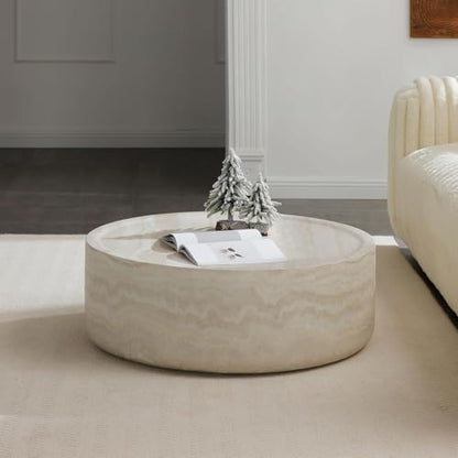 31.49" Round Coffee Table Faux Marble for Living Room, Travertine Stone Pattern Modern Drum Circle Round Center Table for Living Room, Apartment, Office, Fiberglass, No Assembly, Beige - size: 31.49x31.49x12