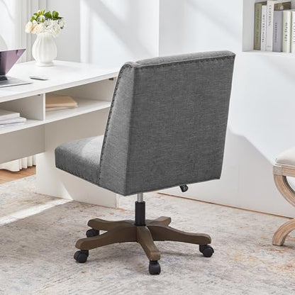 Upholstered Armless Office Chair Fabric Swivel Home Desk Chair with Wheels | Modern Comfy Boho Office Chair with Wooden Legs Adjustable Desk Chair no Arms for Sewing Women Farmhouse Study Studio Grey - color: Grey