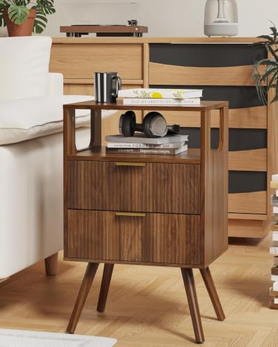 Leomonio Nightstand, Modern Night Stand with 2 Storage Drawer and Opening Storage, Fluted Bedside Table with Solid Wood Legs for Bedroom - color: Walnut Brown