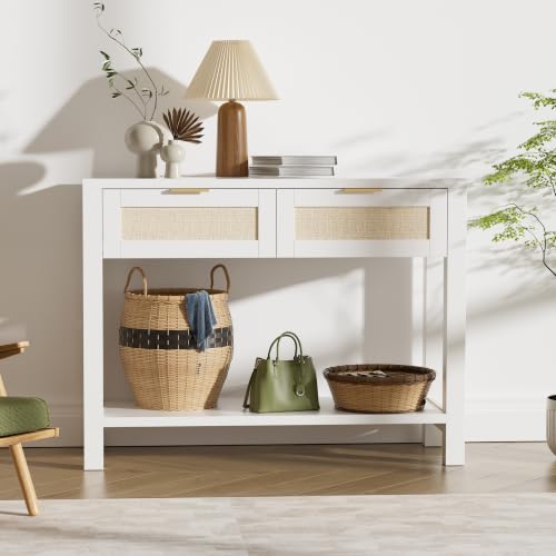 Boho Chic Console Table with 2 Rattan Drawers and Open Shelf Storage, Narrow Farmhouse Sofa Table for Small Space, Entryway, Hallway, Living Room,White - color: White