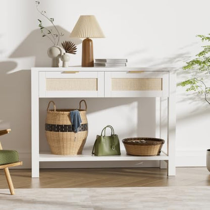 Boho Chic Console Table with 2 Rattan Drawers and Open Shelf Storage, Narrow Farmhouse Sofa Table for Small Space, Entryway, Hallway, Living Room,White - color: White