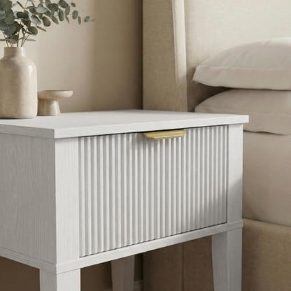 FuniXpress Small Nightstand, 15" Wide, Drawer and Shelf, White Fluted Front | Bright white tone, clean fluted front, 11.8-inch slim depth, smart storage, keeps small rooms light and organized - color: White