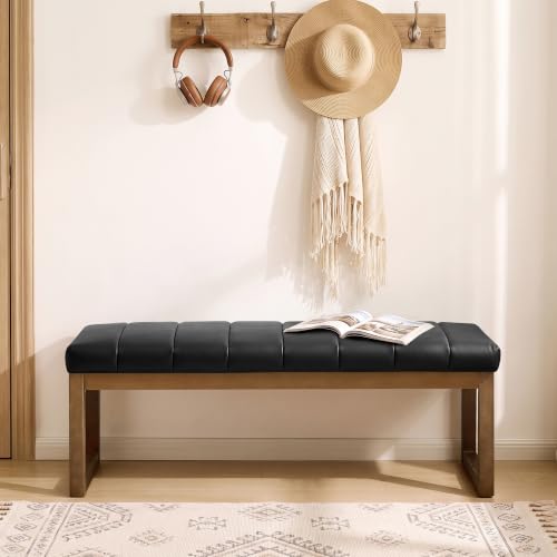 52.7" Bedroom Bench for End of Bed, Faux Leather Entryway Bench (Black-PU) | Modern Upholstered Dining Bench & Footrest Stool Bench with Solid Wood Frame for Bedroom, Living Room - color: Black-pu